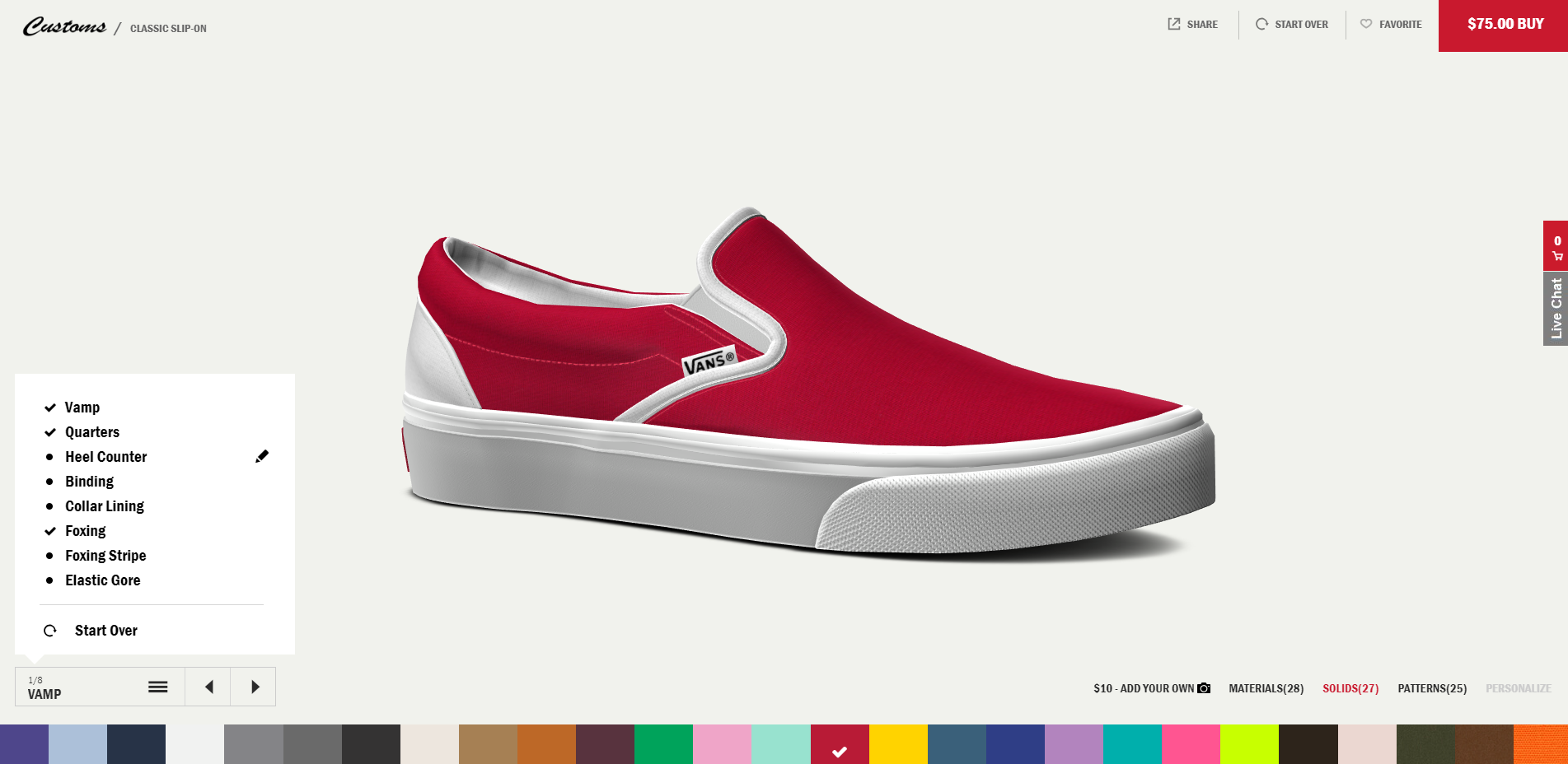 Picture of Vans website, featuring a shoe with multiple color options.